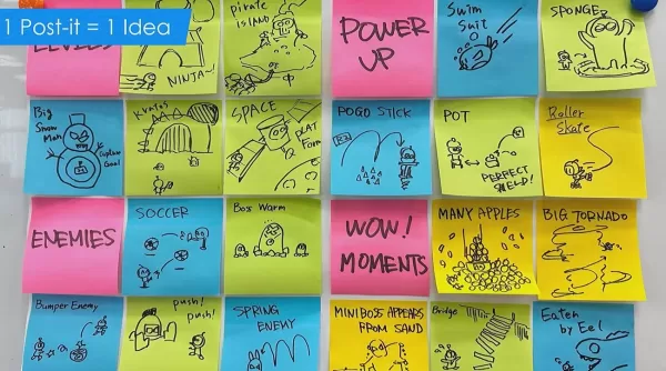 Ang isa pang slide mula sa pag -uusap, na nagpapakita ng malagkit na mga brainstorm ng tala mula sa Team Asobi.