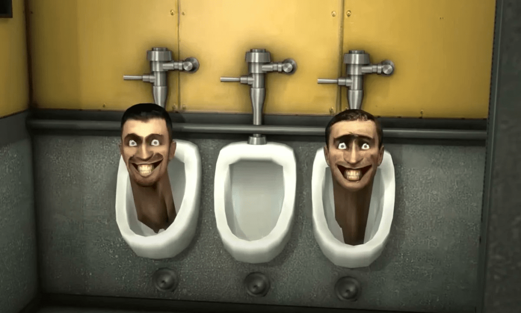 Heads emerging from a urinal in Skibidi Toilet; image via ShiinaBR on Twitter announcing the Fortnite skins