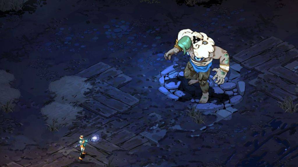 游戏截图展示墨利诺厄与独眼巨人波吕斐摩斯战斗