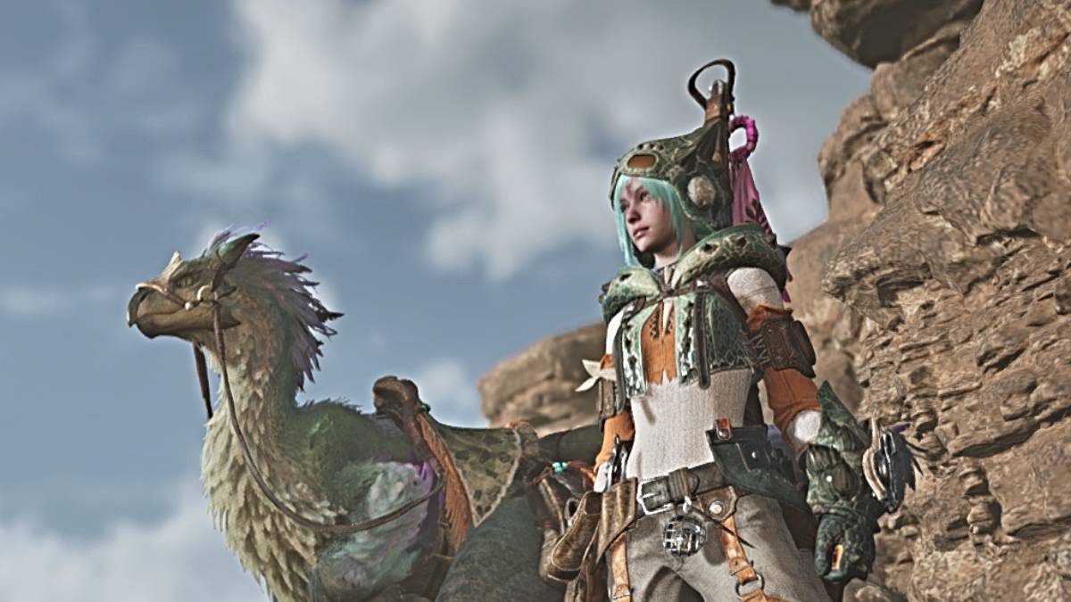 Protagonista e Seikret em Monster Hunter Wilds