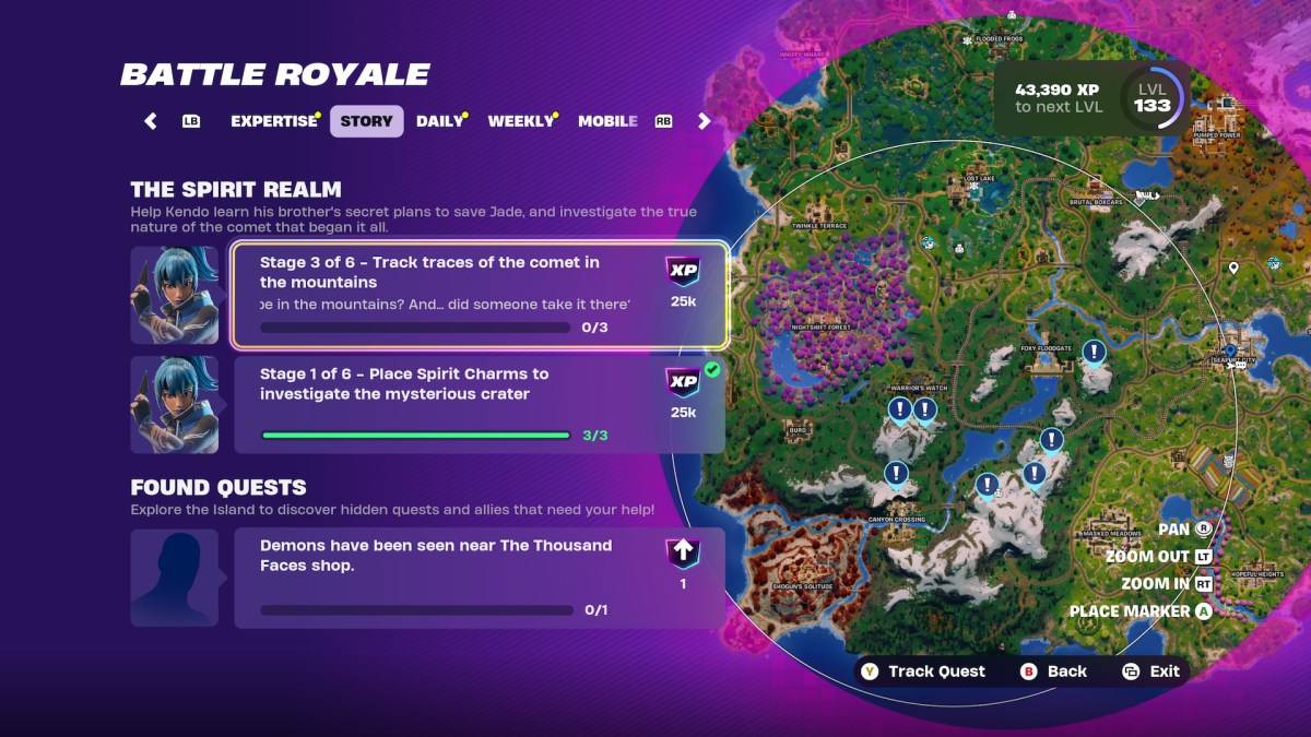 ตำแหน่งแผนที่สำหรับร่องรอยของดาวหางใน Fortnite