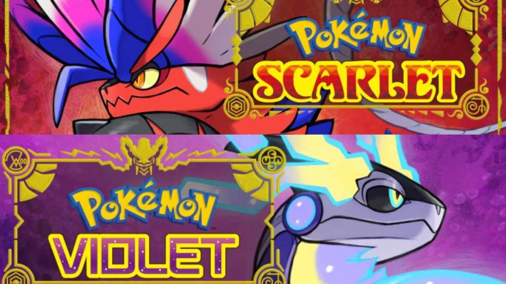 Takpan ang sining para sa Pokemon Scarlet at Pokemon Violet, na nagtatampok ng koraidon at miradon pati na rin ang mga logo ng laro