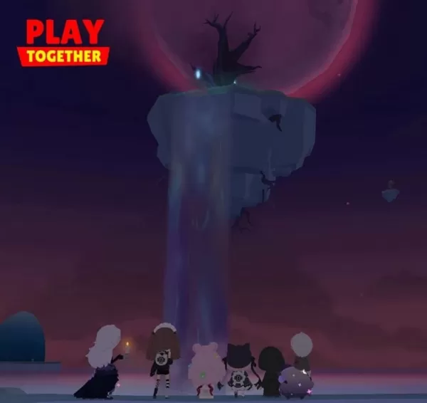 Players gazing upward at a floating island under ominous purple skies in Play Together
