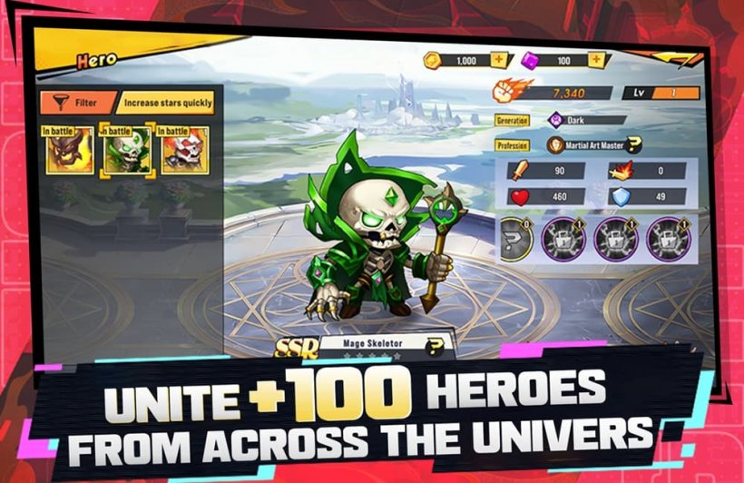 Heroes United游戏截图，展示选择骷髅法师进行战斗