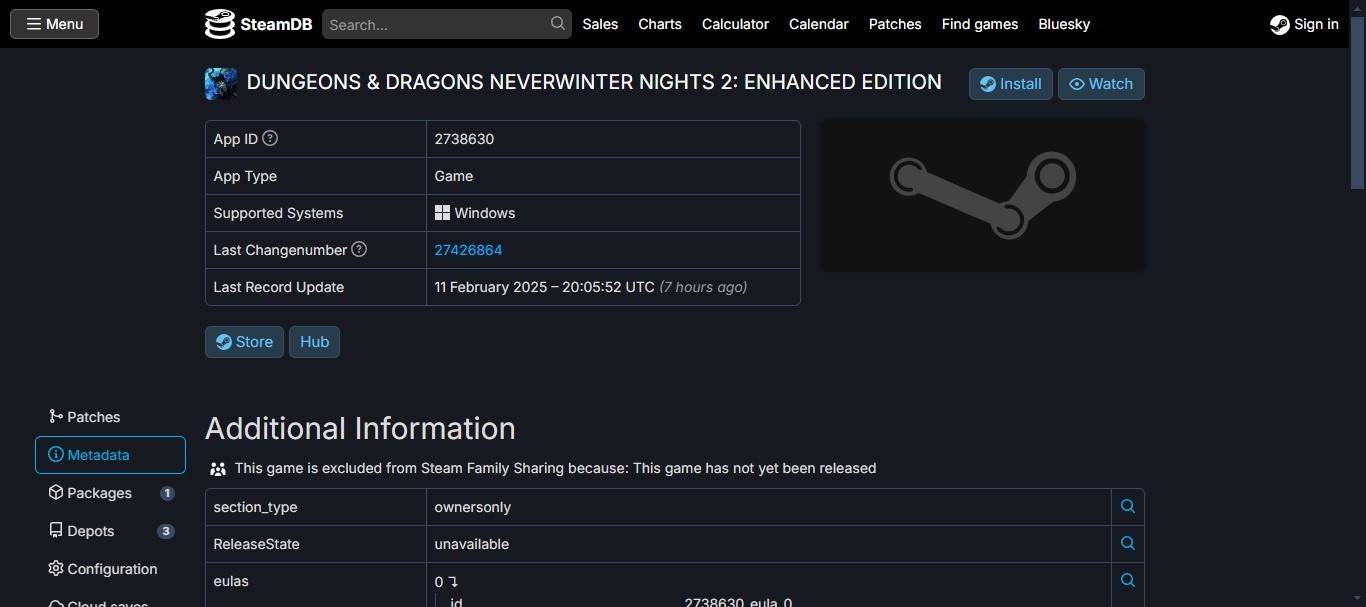 Steam Database Entry for Neverwinter Nights 2 Remaster