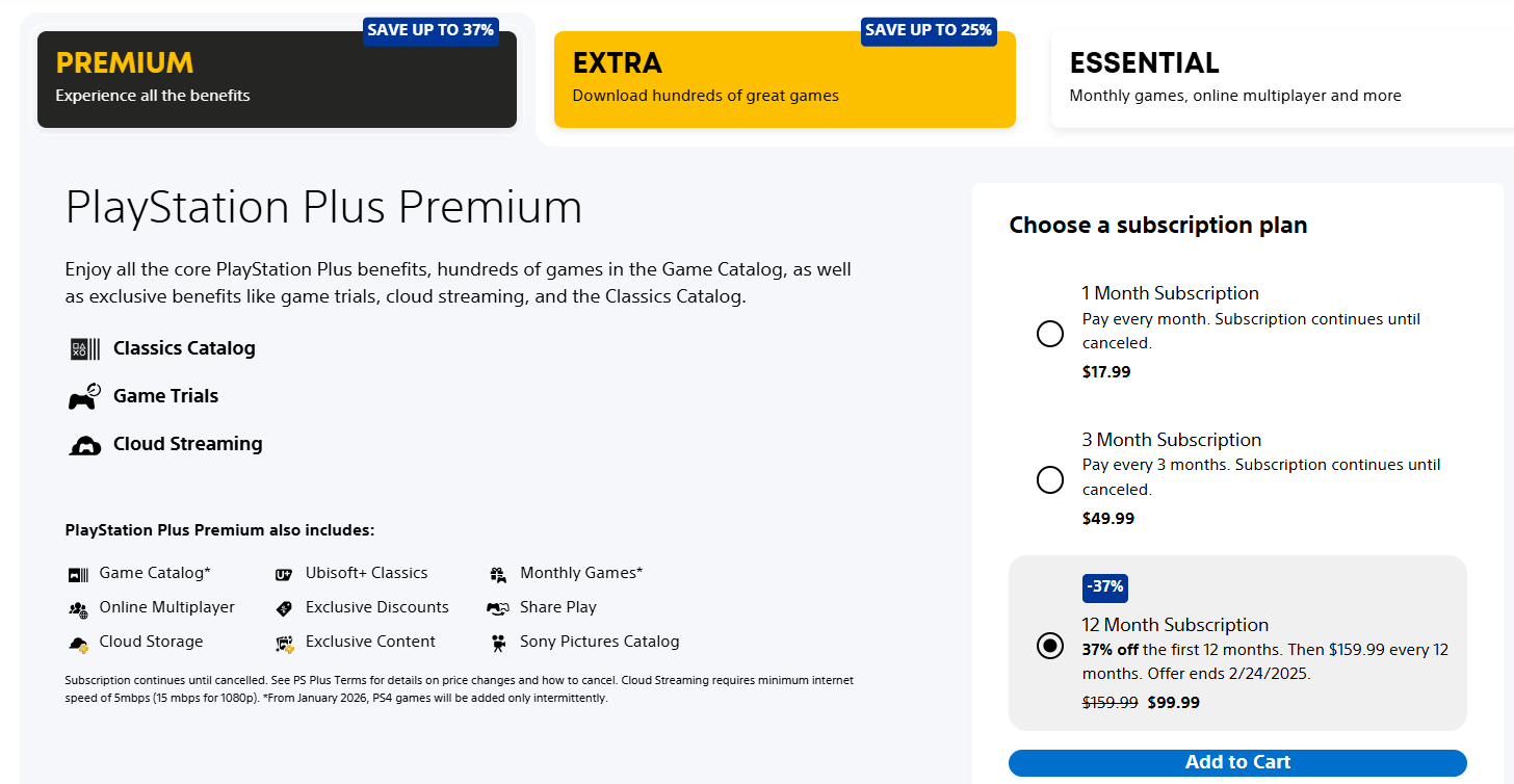 PlayStation Plus Premium ลดลงเหลือ $ 99.99 เป็นเวลา 12 เดือนจนถึงวันที่ 24 กุมภาพันธ์