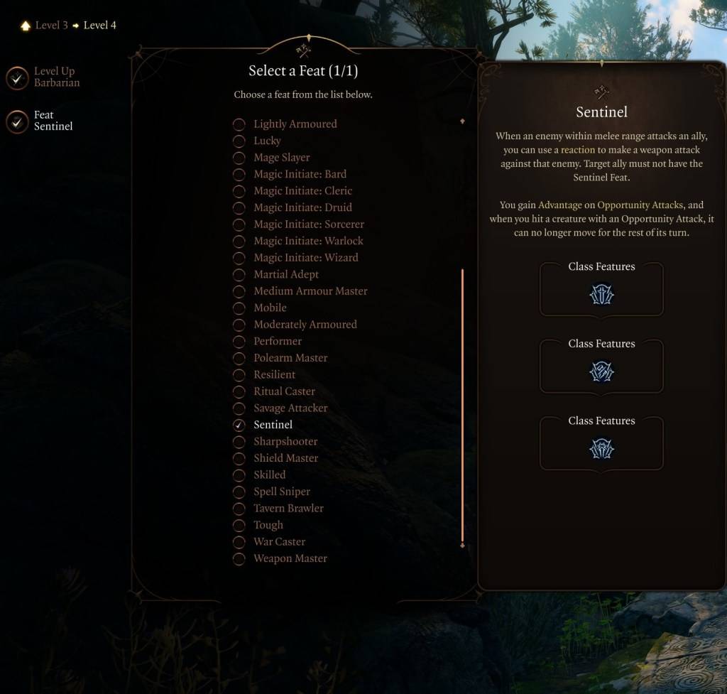 ภาพที่แสดงความสามารถของ Sentinel ใน Baldur's Gate 3 (BG3) ซึ่งเป็นส่วนหนึ่งของบทความเกี่ยวกับเพลงที่ดีที่สุดที่จะเลือกสำหรับชั้นเรียน