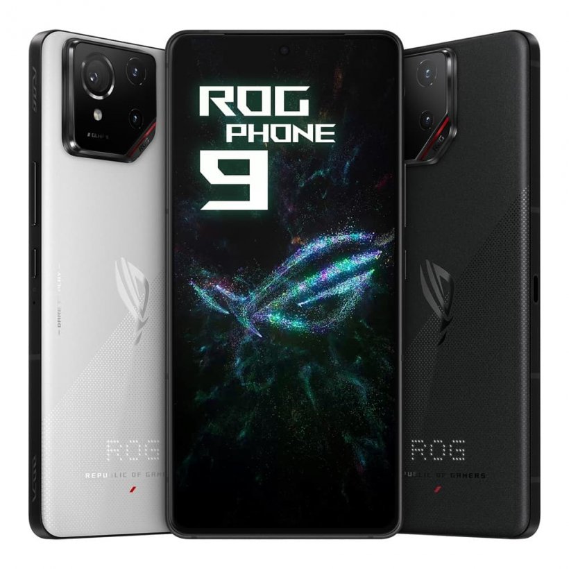 ASUS ROG 9의 제품 사진, 전형적인 멋진 텍스처 케이스가있는 다소 넓은 스마트 폰