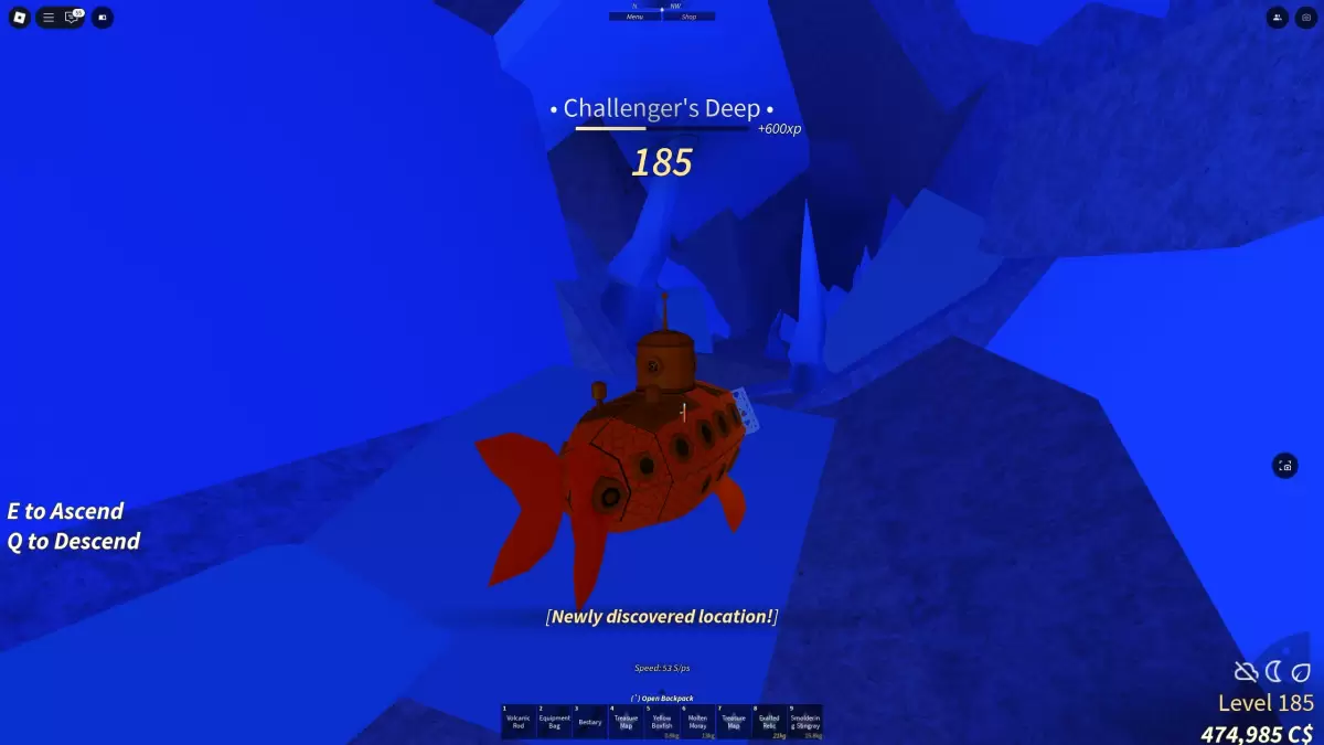 Submarine approaching Challenger's Deep