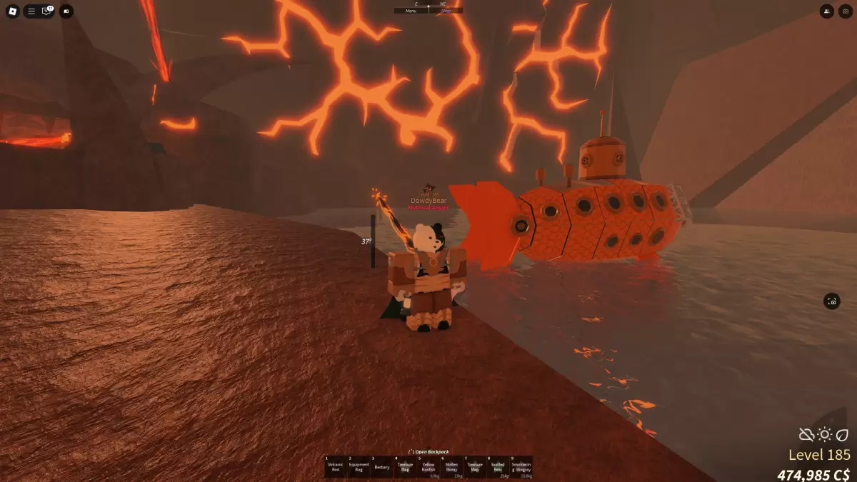 Player wearing the Glimmerfin Suit next to a submarine in lava zone